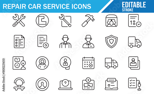 Automotive service vector icons featuring mechanics, forms, vans, and shields