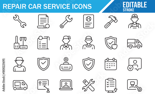 Black and white vector illustration set of car repair and auto service icons including tools, mechanics, maintenance forms, shields, vans, schedules, diagnostics, and editable stroke symbols ideal for