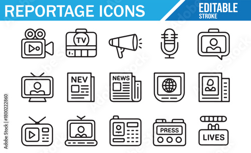 Editable stroke news icons featuring TV screens, microphones, and headlines