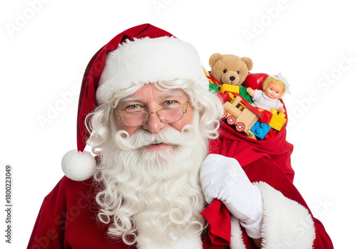 Jolly Santa Claus with a Red Sack of Colorful Presents