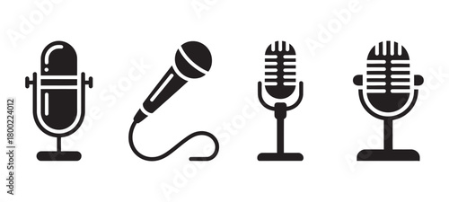 Variety of black microphone icons showcasing vintage studio, handheld, and classic designs for audio recording and broadcast. Vector