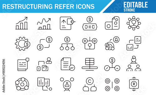 Corporate restructuring vector icon collection with organizational elements