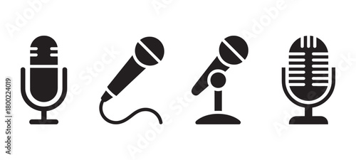 Microphone icon set featuring various audio devices for recording, broadcast, podcast, and live sound applications Vector