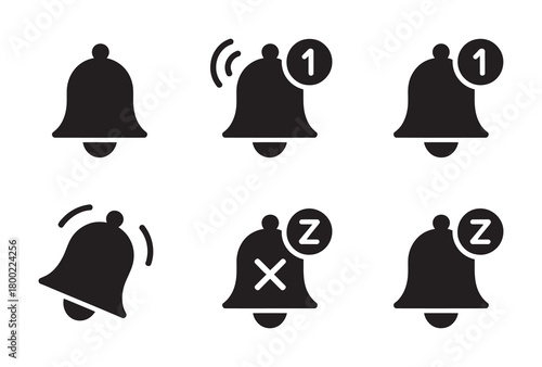 Bell notification icon set with various states, including ringing, new message, silent, and snooze modes. Vector