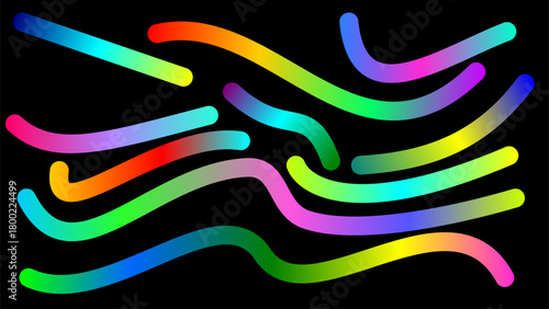 Abstract vibrant rainbow gradient lines and flowing curves on a solid black background.