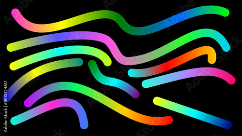 A collection of vibrant, multicolored gradient lines and curves flowing across a solid black background.