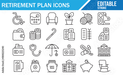 Business and healthcare retirement icons in clean black and white style