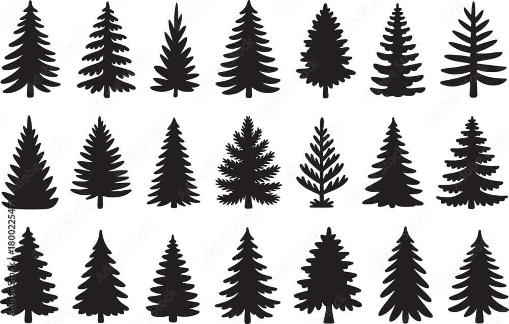 Fototapeta premium Set of twenty black silhouette evergreen tree icon shapes isolated on white background