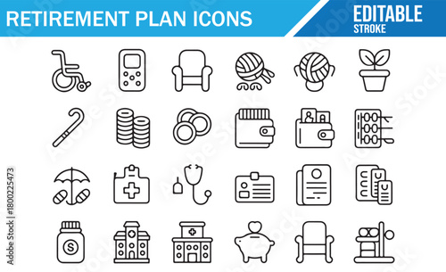 Black and white vector illustration set of retirement plan icons featuring savings, medical care, wheelchair, pension documents, piggy bank, nursing homes, investments, and senior lifestyle elements w