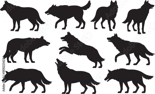 Collection of nine black wolf silhouettes in various poses
