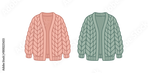 Flat vector illustration two chunky knit cardigans cozy winter style pastel colors clean silhouettes 2x1 grid equal spacing isolated on white