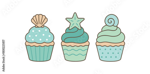 Flat vector illustration three cupcakes sea pastels cute style simple patterns (dots stripes waves) shells and starfish 3x1 grid equal spacing isolated on white