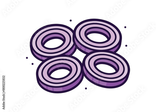 flat vector bold outline purple rings white background sticker style tidy spacing micro lines red onion rings garlic skin hint