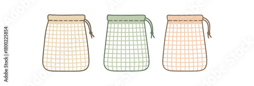 Flat vector illustration three cloth produce bags eco kitchen style pastel colors 3x1 grid equal spacing isolated on white full objects visible