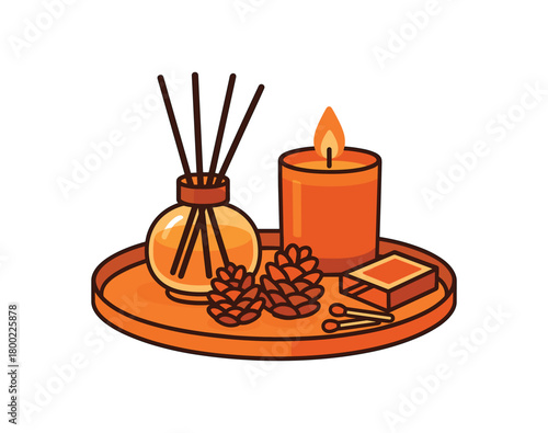Flat vector home fragrance fall: reed diffuser candle cedar cones tray matches bright vibrant palette clean outlines minimal centered isolated on white no logos