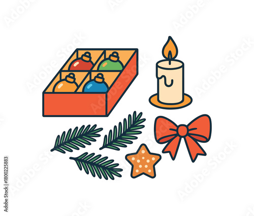 Flat vector christmas tradition: ornament box candle pine branch ribbon cookie bright vibrant palette clean outlines minimal centered isolated on white no logos
