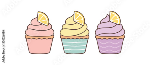 Flat vector illustration three cupcakes cute style pastel colors simple patterns (dots stripes waves) with lemon slices 3x1 grid equal spacing isolated on white
