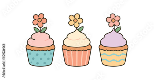 Flat vector illustration three cupcakes cute style pastel colors simple patterns (dots stripes waves) with flower toppers 3x1 grid equal spacing isolated on white