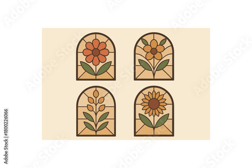 4 church with floral glass motifs flat vector illustration warm natural palette minimal design
