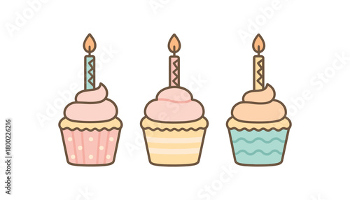 Flat vector illustration three cupcakes soft pastels cute style simple patterns (dots stripes waves) zigzag candles 3x1 grid equal spacing isolated on white