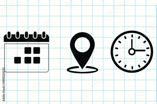 Calendar, map pin, and clock icons