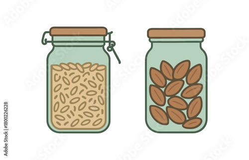 Flat vector illustration two glass storage jars eco kitchen style pastel colors 2x1 grid equal spacing isolated on white full objects visible