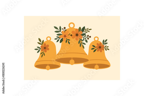 church bells with floral accents flat vector illustration clean modern design warm tones