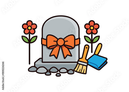 Flat vector grave marker decor: small stones flower stakes ribbon brush cloth bright vibrant palette clean outlines minimal centered isolated on white no logos