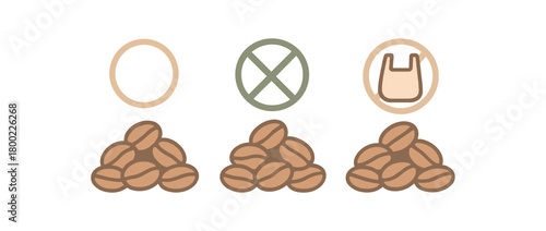Flat vector illustration three coffee bean piles zero contain theme bagfree and plasticfree pastel colors 3x1 grid equal spacing isolated on white