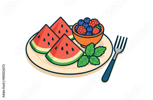 Flat vector fruit platter summer: watermelon slices berries bowl mint sprig fork plate bright vibrant palette clean outlines minimal centered isolated on white no logos