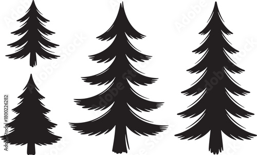 Set of three hand drawn pine tree silhouette icons isolated on white background
