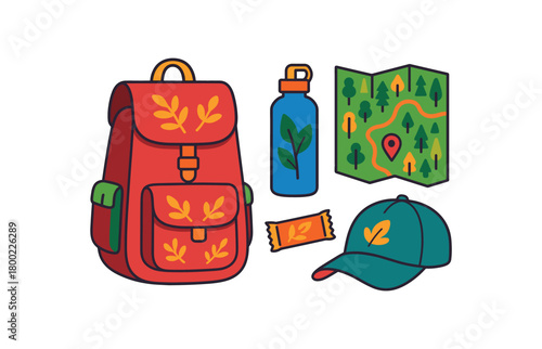 Flat vector foliage hike kit: backpack water bottle trail map snack bar cap bright vibrant palette clean outlines minimal centered isolated on white no logos