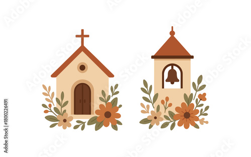 2 church icons with floral decoration small chapel and bell tower flat vector illustration warm natural tones clean modern design