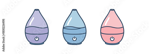 Flat vector illustration three coolmist humidifiers sleep routine style pastel colors drop shapes 3x1 grid equal spacing isolated on white full objects visible