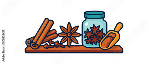Flat vector winter spice shelf: cinnamon clove anise glass jar scoop bright vibrant palette clean outlines minimal centered isolated on white no logos