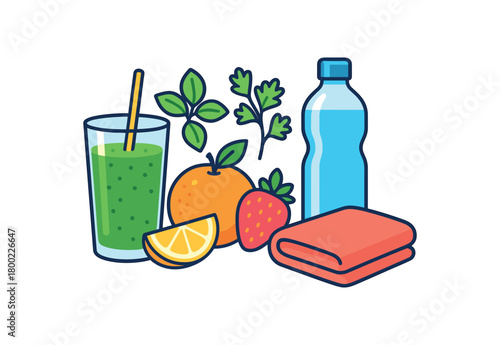 Flat vector spring detox set: smoothie glass fruits herbs water bottle towel bright vibrant palette clean outlines minimal centered isolated on white no logos