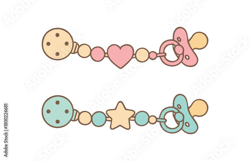 Flat vector illustration two pacifier clips cute nursery style pastel colors simple beads 2x1 grid equal spacing isolated on white