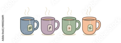 Flat vector illustration four herbal tea mugs (steam hint) sleep routine style pastel colors 4x1 grid equal spacing isolated on white full objects visible