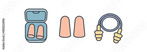 Flat vector illustration three earplug sets sleep routine style pastel colors tiny forms 3x1 grid equal spacing isolated on white full objects visible