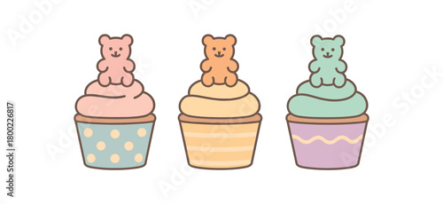 Flat vector illustration three cupcakes pastel colors cute style simple patterns (dots stripes waves) gummy bears 3x1 grid equal spacing isolated on white
