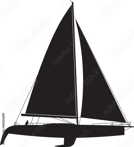 Silhouette of a modern racing sailboat with full sail isolated on white background