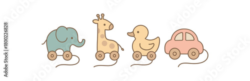 Flat vector illustration four pullalong toys cute baby style pastel colors simple wheels 4x1 grid equal spacing isolated on white