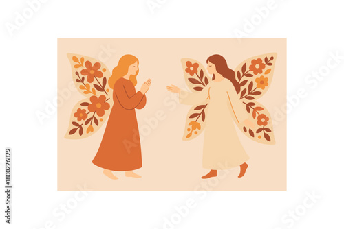 2 angels with floral wings flat vector illustration minimal modern design warm tones