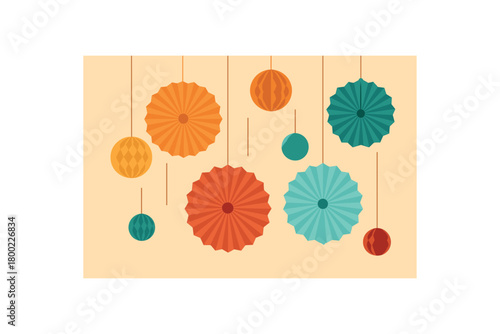 flat vector illustration of decorative paper fans and honeycombs