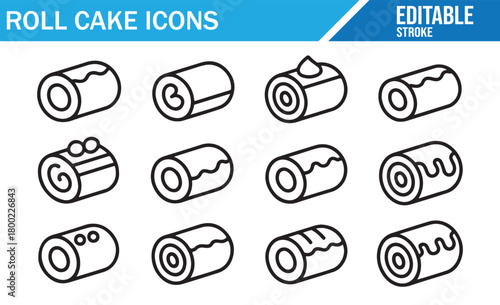 Stylized roll cake graphics with toppings and decorative patterns