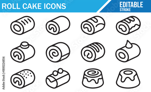 Minimal cake icon set showcasing assorted rolled pastries in vector form