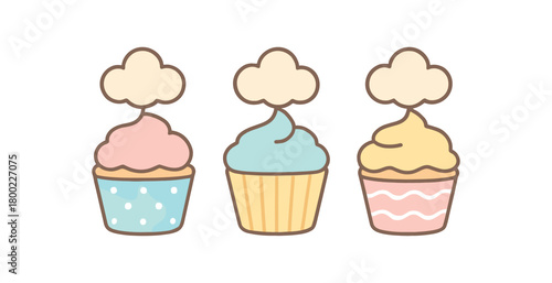 Flat vector illustration three cupcakes cute style pastel colors simple patterns (dots stripes waves) cloud toppers 3x1 grid equal spacing isolated on white