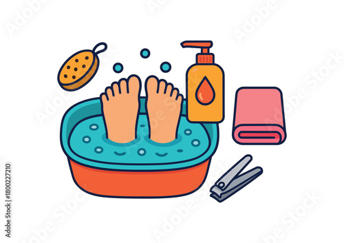 Flat vector pedicure setup: foot bath pumice stone lotion nail clippers towel bright vibrant palette clean outlines minimal centered isolated on white no logos