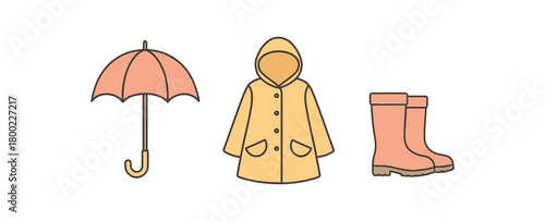 Flat vector illustration umbrella rain raincoat rainy walk vibe pastel colors 3x1 grid equal spacing isolated on white full objects visible