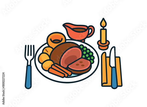Flat vector sunday roast table: roast dish gravy boat cutlery napkin candle bright vibrant palette clean outlines minimal centered isolated on white no logos